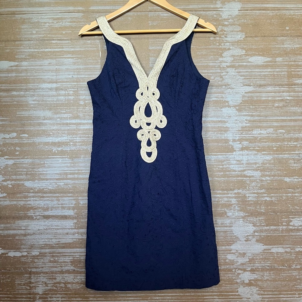 Lilly Pulitzer Emery Shift Dress Preppy Classic Navy Gold Formal Womens 0